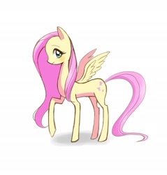Size: 2610x2727 | Tagged: safe, artist:kurumilaa, fluttershy, pegasus, pony, g4, blushing, female, high res, looking at you, mare, raised hoof, simple background, smiling, smiling at you, solo, spread wings, white background, wings