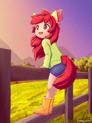 Size: 1800x2400 | Tagged: safe, artist:symbianl, apple bloom, equestria girls, g4, adorabloom, cute, eared humanization, female, fence, happy, human coloration, open mouth, open smile, rubber boots, smiling, solo, tail, tailed humanization, weapons-grade cute