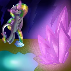 Size: 1500x1500 | Tagged: safe, artist:teonnakatztkgs, oc, oc only, pony, unicorn, crystal, glowing, glowing horn, horn, magic, multicolored hair, rainbow hair, sombra eyes, telekinesis, unicorn oc