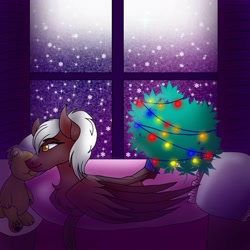Size: 1500x1500 | Tagged: safe, artist:teonnakatztkgs, oc, oc only, pegasus, pony, christmas, christmas tree, colored wings, holiday, indoors, night, pegasus oc, plushie, stars, teddy bear, tree, two toned wings, wings