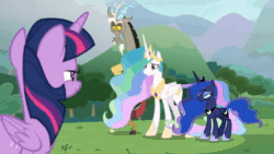 Size: 1920x1080 | Tagged: safe, screencap, discord, princess celestia, princess luna, twilight sparkle, alicorn, draconequus, pony, g4, season 9, the ending of the end, animated, bow, bowing, crown, cute, discute, female, group, heartwarming, hooves to the chest, jewelry, looking at each other, looking at someone, male, mountain, proud, quartet, regalia, royal sisters, siblings, sisters, smiling, smiling at each other, sound, talking, teacher and student, twilight sparkle (alicorn), video, voice, webm, when he smiles, youtube link