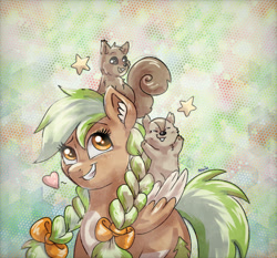 Size: 900x839 | Tagged: safe, artist:avui, oc, oc only, oc:sylvia evergreen, chipmunk, pegasus, pony, squirrel, braid, critters, heart, solo
