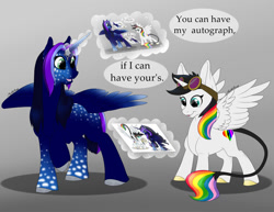 Size: 1024x792 | Tagged: safe, artist:mythpony, oc, oc only, oc:lightning bliss, oc:myth, alicorn, pony, alicorn oc, droste effect, goggles, horn, magic, magic aura, misspelling, recursion, speech, speech bubble, talking, wings