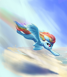 Size: 2305x2658 | Tagged: safe, alternate version, artist:i love hurt, rainbow dash, pegasus, pony, g4, cloud, eyebrows, eyelashes, female, floppy ears, flying, grin, high res, mare, sky, slender, smiling, solo, spread wings, thin, wings