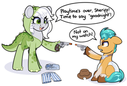 Size: 5717x3880 | Tagged: safe, artist:duckie, hitch trailblazer, oc, oc:fossil fluster, earth pony, pony, g5, my little pony: a new generation, adult foal, caretaker, clothes, coat markings, costume, cowboy hat, diaper, diaper fetish, duo, fetish, floppy ears, hat, hoof hold, kigurumi, non-baby in diaper, poofy diaper, raised hoof, sheriff's badge, simple background, sitting, socks (coat markings), stetson, toy gun, unshorn fetlocks