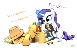Size: 1997x1239 | Tagged: safe, artist:questionmarkdragon, applejack, rarity, earth pony, pony, unicorn, g4, applejack's hat, bandaid, cowboy hat, crying, duo, eyes closed, face down ass up, glowing, glowing horn, gritted teeth, hat, horn, literal butthurt, magic, ouch, pain, shivering, simple background, splinter, tears of pain, teary eyes, thorn, white background, wood