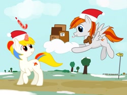 Size: 1600x1200 | Tagged: safe, artist:wzngtx, oc, oc only, oc:felix gulfstream, pegasus, pony, unicorn, boxes, christmas, cloud, dirt road, duo, female, hat, holiday, male, mare, santa hat, stallion