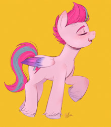 Size: 1584x1800 | Tagged: safe, artist:latiatonta, zipp storm, pegasus, pony, g5, my little pony: a new generation, blushing, eyebrows, eyes closed, female, folded wings, mare, open mouth, open smile, raised hoof, signature, simple background, smiling, solo, unshorn fetlocks, wings, yellow background