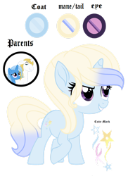 Size: 1280x1755 | Tagged: safe, artist:autumntwinkle, prince blueblood, trixie, oc, pony, unicorn, g4, female, filly, foal, full body, gradient mane, gradient tail, grin, horn, male, offspring, parent:prince blueblood, parent:trixie, parents:bluetrix, purple eyes, raised hoof, ship:bluetrix, shipping, show accurate, smiling, standing, straight, tail, unicorn oc