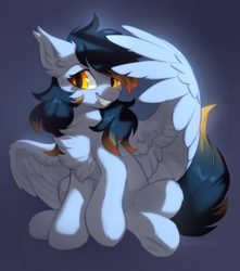 Size: 1244x1406 | Tagged: safe, artist:hioshiru, oc, oc only, oc:crossfire, bat pony, hybrid, pegabat, pegasus, pony, chest fluff, grin, half bat pony, looking at you, smiling, spread wings, wings