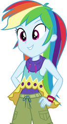 Size: 3000x5527 | Tagged: safe, artist:cloudy glow, rainbow dash, equestria girls, g4, my little pony equestria girls: legend of everfree, armpits, blue skin, boho, clothes, denim, denim shorts, female, grin, hand on hip, hood, lace, multicolored hair, pink eyes, rainbow hair, shirt, shorts, simple background, sleeveless, sleeveless shirt, smiling, solo, teeth, transparent background, vector, wristband