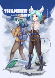 Size: 2894x4093 | Tagged: safe, artist:龙宠, oc, oc only, oc:emily, oc:shanher, dragon, human, anthro, duo, shanher's trip