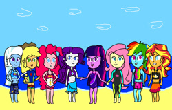 Size: 1280x819 | Tagged: safe, artist:prabowomuhammad23, applejack, fluttershy, pinkie pie, rainbow dash, rarity, sunset shimmer, trixie, twilight sparkle, human, equestria girls, equestria girls specials, g4, my little pony equestria girls: better together, my little pony equestria girls: forgotten friendship, beach, bikini, clothes, fluttershy's wetsuit, humane five, humane seven, humane six, looking at you, rarity's blue sarong, rarity's purple bikini, sarong, swimsuit, wetsuit