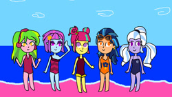 Size: 1280x720 | Tagged: safe, artist:prabowomuhammad23, indigo zap, lemon zest, sour sweet, sugarcoat, sunny flare, equestria girls, g4, beach, clothes, one-piece swimsuit, shadow five, swimsuit