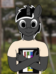 Size: 1367x1823 | Tagged: safe, artist:alexlobo70, oc, unicorn, anthro, blurry background, looking at you, notebook, scholar, solo