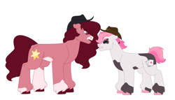 Size: 1280x732 | Tagged: safe, artist:itstechtock, oc, oc only, oc:rhubarb pie, oc:wild card, earth pony, pony, female, hat, mare, parent:raspberry glaze, parent:star spur, simple background, white background