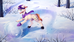 Size: 3960x2228 | Tagged: safe, artist:lunciakkk, oc, oc only, oc:mckeypl, pony, unicorn, series:mckeypl in years, clothes, commission, forest background, high res, nudity, part of set, scarf, sheath, snow, snowman, winter