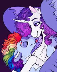Size: 1500x1875 | Tagged: safe, artist:eeelt, rainbow dash, rarity, g4, curved horn, ear piercing, female, horn, lesbian, nuzzling, piercing, purple background, ship:raridash, shipping, simple background, tongue out, wings