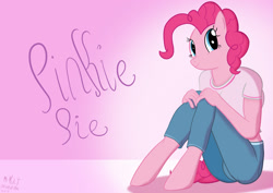 Size: 1754x1240 | Tagged: safe, alternate version, artist:ace play, pinkie pie, earth pony, anthro, unguligrade anthro, g4, ass, butt, clothes, female, looking at you, sitting, smiling, solo
