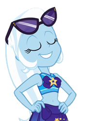 Size: 762x1080 | Tagged: safe, edit, edited screencap, screencap, trixie, equestria girls, equestria girls series, forgotten friendship, g4, background removed, belly button, bikini, clothes, eyes closed, hand on hip, midriff, not a vector, sarong, simple background, solo, sunglasses, swimsuit, transparent background, trixie's swimsuit