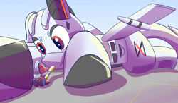 Size: 1280x749 | Tagged: safe, artist:trackheadtherobopony, oc, oc:trackhead, oc:xr-47 primax, original species, plane pony, pony, robot, robot pony, wheelpone, artificial intelligence, boop, colored belly, dark belly, dream, macro, noseboop, plane, red eyes, reverse countershading, size difference, story included