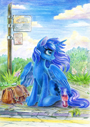 Size: 927x1300 | Tagged: safe, artist:maytee, princess luna, alicorn, pony, g4, bag, bottle, bus stop, colored pencil drawing, sitting, sky, soda, soda bottle, solo, traditional art