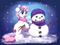 Size: 4096x3135 | Tagged: safe, artist:silentwulv, sweetie belle, pony, unicorn, g4, breath, clothes, cute, diasweetes, earmuffs, female, filly, foal, hat, high res, horn, mare, open mouth, open smile, scarf, sitting, smiling, snow, snowman, solo