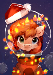 Size: 2480x3508 | Tagged: safe, artist:sofiko-ko, oc, oc only, oc:rusty gears, earth pony, pony, asteroid, astronaut, bust, christmas, earth pony oc, female, hat, helmet, heterochromia, high res, holiday, looking at you, mare, portrait, santa hat, smiling, smiling at you, solo, space, spacesuit, stars, string lights
