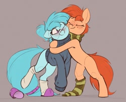 Size: 1149x928 | Tagged: safe, artist:rexyseven, oc, oc only, oc:rusty gears, oc:whispy slippers, earth pony, pony, clothes, duo, earth pony oc, eyes closed, female, freckles, glasses, gray background, hug, mare, one eye closed, simple background, slippers, smiling, socks, striped socks, sweater
