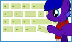 Size: 1025x597 | Tagged: safe, artist:nicogamer3000, derpibooru exclusive, oc, oc only, oc:shock script, earth pony, pony, derpibooru, blue eyes, clothes, earth pony oc, hoof hold, hooves, male, meta, profile, scarf, show accurate, smiling, solo, stallion, striped scarf, tags, two toned mane