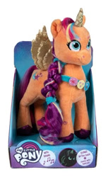 Size: 335x560 | Tagged: safe, sunny starscout, alicorn, pony, g5, my little pony: a new generation, official, artificial horn, artificial wings, augmented, description is relevant, female, horn, irl, magic, magic horn, magic wings, mane stripe sunny, mare, merchandise, photo, plushie, race swap, sunnycorn, wings