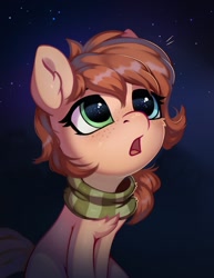 Size: 1084x1406 | Tagged: safe, artist:taneysha, oc, oc only, oc:rusty gears, earth pony, pony, chest fluff, clothes, ear fluff, earth pony oc, eyelashes, female, freckles, heterochromia, looking up, mare, open mouth, scarf, sitting, solo