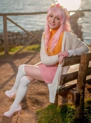 Size: 1432x1920 | Tagged: safe, artist:saru-cosplay, fluttershy, human, g4, clothes, cosplay, costume, crossed legs, high heels, irl, irl human, photo, shoes, sitting, stockings, thigh highs