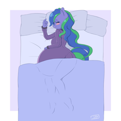 Size: 2048x2048 | Tagged: safe, artist:isr4, oc, oc only, oc:felicity stars, pegasus, anthro, bed, belly, big belly, blushing, clothes, female, high res, lying down, pajamas, pillow, pregnant, sleeping, solo