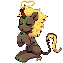 Size: 640x640 | Tagged: safe, artist:hikkage, oc, oc only, oc:sunny glow, kirin, ambiguous gender, cloven hooves, commission, eyes closed, heart, hooves together, horn, kirin oc, open mouth, pixel art, praying, simple background, sitting, solo, white background