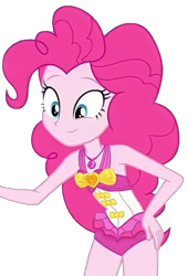Size: 806x1186 | Tagged: safe, edit, edited screencap, screencap, pinkie pie, equestria girls, equestria girls specials, g4, my little pony equestria girls: better together, my little pony equestria girls: forgotten friendship, background removed, bare shoulders, clothes, hand on hip, not a vector, one-piece swimsuit, pinkie pie swimsuit, simple background, sleeveless, solo, swimsuit, transparent background