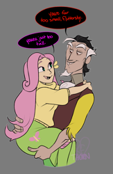 Size: 1064x1632 | Tagged: safe, artist:uomoratto, discord, fluttershy, human, g4, clothes, cute, facial hair, female, goatee, gray background, height difference, holding, hug, humanized, male, ship:discoshy, shipping, simple background, skirt, speech bubble, straight