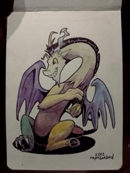 Size: 700x933 | Tagged: safe, artist:reptilianbirds, discord, draconequus, g4, smiling, solo, traditional art