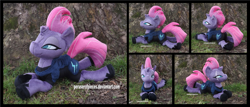 Size: 4095x1754 | Tagged: safe, artist:peruserofpieces, tempest shadow, pony, unicorn, my little pony: the movie, armor, beanie (plushie), bodysuit, broken horn, clothes, combat armor, eye scar, female, high res, horn, irl, looking at you, lying down, mare, photo, plushie, prone, scar, smiling, smiling at you, solo, sploot, tree