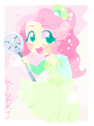 Size: 600x800 | Tagged: safe, artist:hiumatve, fluttershy, equestria girls, g4, my little pony equestria girls: better together, so much more to me, alternate hairstyle, blushing, clothes, colored pupils, cute, daaaaaaaaaaaw, dress, female, microphone, shyabetes, solo