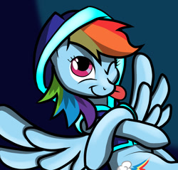 Size: 1280x1223 | Tagged: safe, artist:captainstancet, rainbow dash, pegasus, pony, g4, ;p, backwards cutie mark, clothes, crossed hooves, female, hoodie, mare, one eye closed, smiling, solo, tongue out, wink