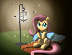 Size: 1280x993 | Tagged: safe, artist:captainstancet, fluttershy, firefly (insect), insect, pegasus, pony, g4, female, lantern, looking at you, mare, pillow, sitting, smiling, smiling at you, solo