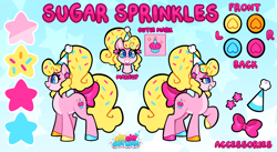 Size: 5088x2787 | Tagged: safe, artist:shyshyoctavia, oc, oc only, oc:sugar sprinkles, earth pony, pony, birthday, bow, colored pupils, cupcake, curly hair, ear piercing, earring, eyebrows, eyebrows visible through hair, eyelashes, female, food, grin, hat, jewelry, mare, multicolored hooves, party, party hat, piercing, raised hoof, reference sheet, smiling, solo, sprinkles, tail, tail bow, yellow hair