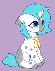 Size: 700x910 | Tagged: safe, artist:luminousdazzle, oc, oc only, oc:soap bubbles, pony, unicorn, colored, cute, female, flat colors, horn, looking up, mare, markings, neckerchief, simple background, small horn, solo, spots