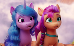 Size: 1280x804 | Tagged: safe, screencap, izzy moonbow, sunny starscout, earth pony, pony, unicorn, g5, my little pony: a new generation, spoiler:my little pony: a new generation, cropped, duo, female, mare