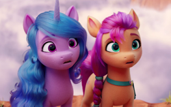 Size: 1280x804 | Tagged: safe, screencap, izzy moonbow, sunny starscout, earth pony, pony, unicorn, g5, my little pony: a new generation, cropped, duo, female, mare