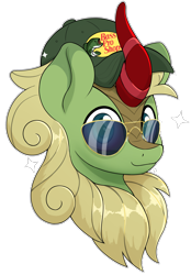 Size: 2262x3258 | Tagged: safe, artist:czu, forest fall, kirin, g4, aviator sunglasses, baseball cap, bass pro shop, bust, cap, cute, hat, high res, kirinbetes, looking at you, male, simple background, smiling, smiling at you, solo, sparkles, sunglasses, transparent background