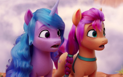 Size: 1280x804 | Tagged: safe, screencap, izzy moonbow, sunny starscout, earth pony, pony, unicorn, g5, my little pony: a new generation, spoiler:my little pony: a new generation, cropped, duo, female, mare