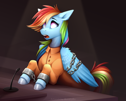 Size: 5906x4724 | Tagged: safe, artist:buvanybu, rainbow dash, pegasus, pony, g4, absurd resolution, bound wings, chained, chains, clothes, courtroom, cuffed, cuffs, female, mare, never doubt rainbowdash69's involvement, open mouth, prison outfit, prisoner rd, shackles, shocked, solo, wings