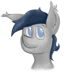 Size: 1475x1475 | Tagged: safe, artist:lil_vampirecj, oc, oc only, oc:zephyr star, bat pony, pony, bust, fangs, looking at you, one ear down, photo, portrait, simple background, sketch, smiling, smiling at you, solo, white background